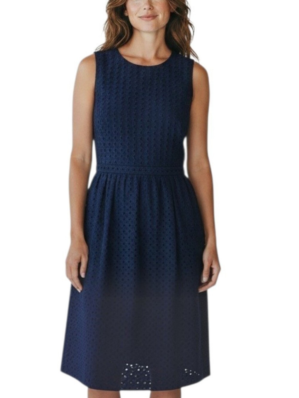 Boden Navy Eyelet Sleeveless Dress Fitted Waist Sheath Size 6R Like New